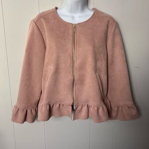 Roz & Ali Blush Faux Suede Full Zip Jacket with Ruffle Hem Size L